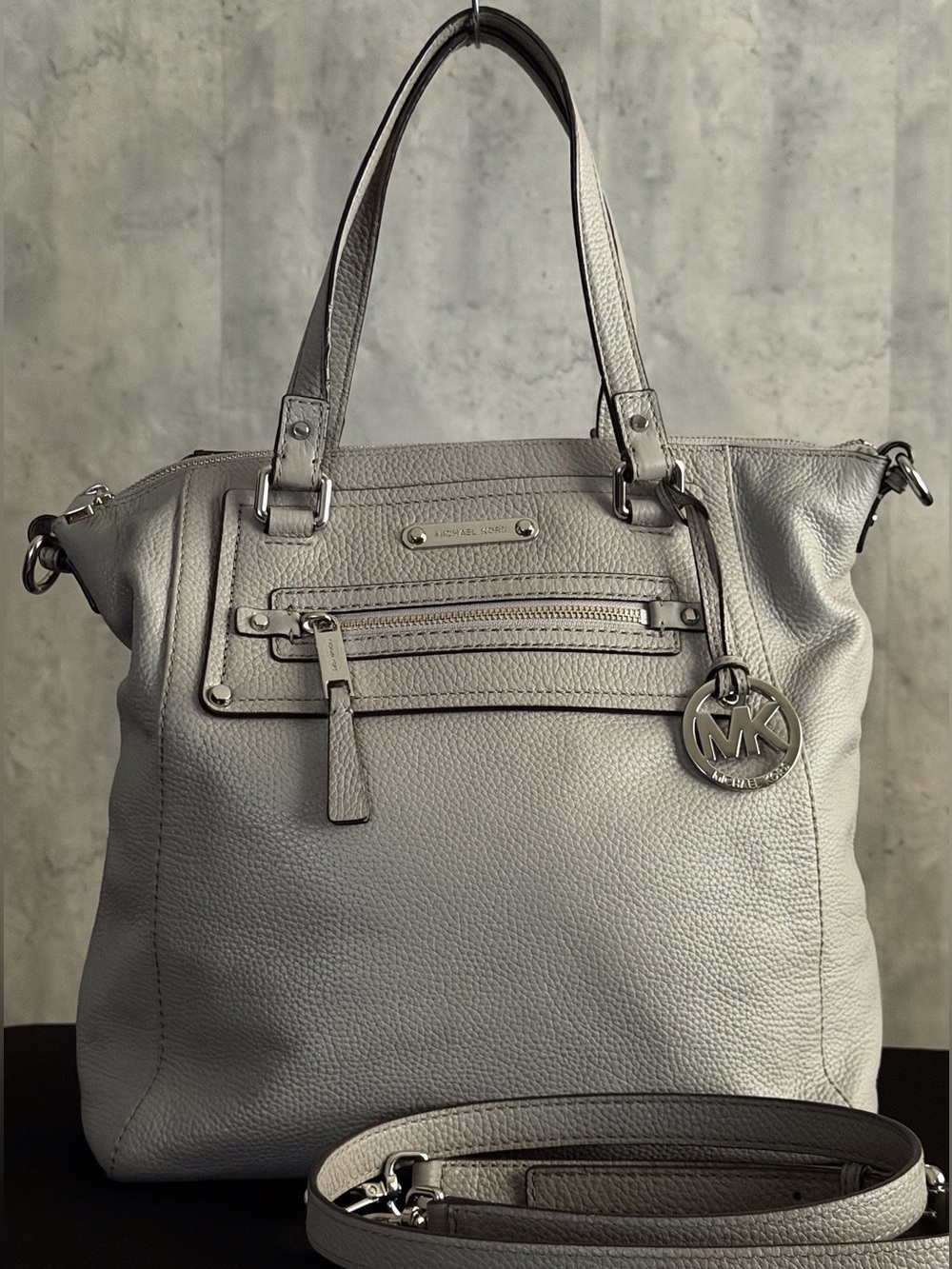Michael Kors Gilmore Gray Pebbled Leather Satchel Shoulder Crossbody Handbag Bag